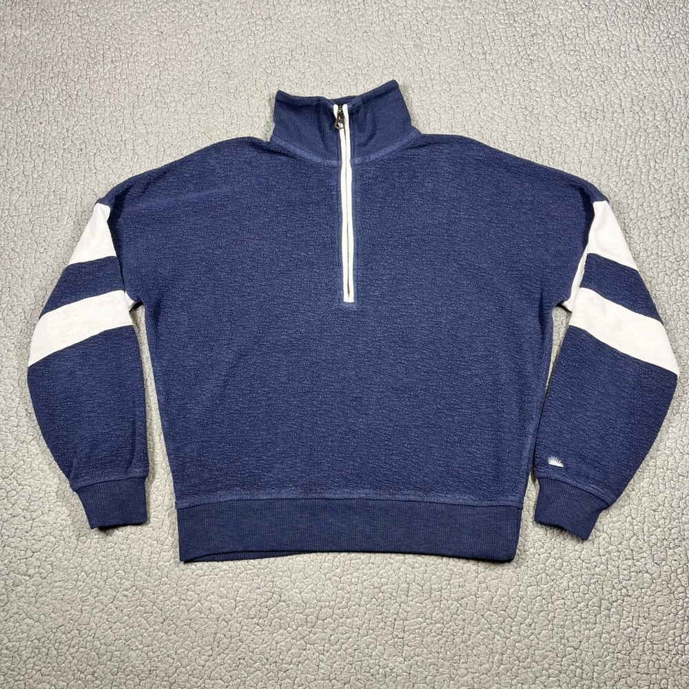 Faherty Pullover Women XS Quarter Zip Terry Stripe Navy Blue Coastal Surf